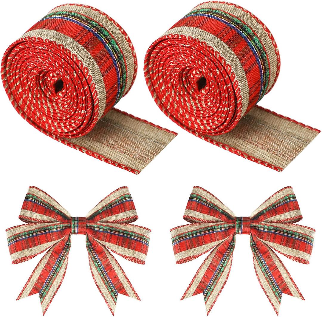 2 Rolls 12 Yards Christmas Buffalo Plaid Ribbons Burlap Wired Edge Plaid Ribbons 1.5 Inch Width Check Gingham Fabric Craft Ribbon for DIY Bows Wrapping Decoration (Green-Red)