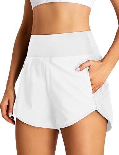 BMJL Women's Athletic Shorts High Waisted Running Shorts Lightweight Dolphin Shorts Gym Workout Shorts with Liner (Large,White) 