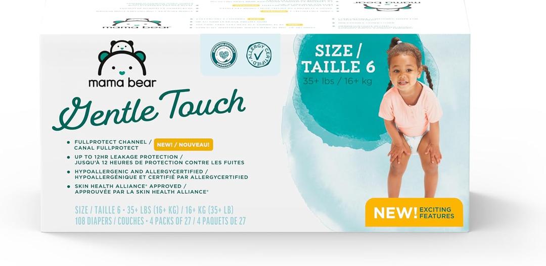 Amazon Brand - Mama Bear Gentle Touch Diapers, Size 6, 108 Count (4 packs of 27)