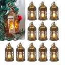 Reperla Mini Lantern Decorative, 12Pcs Small Lanterns with LED Candle, Ramadan Decorations, Hanging Vintage Moroccan Lantern Bulk for Easter Wedding Xmas Party Table Centerpiece, Brushed Brass