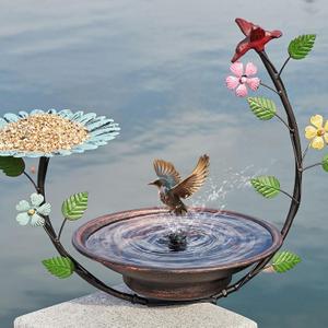 Solar Bird Bath,Deck Bird Bath with Solar Fountain,Metal Bird Bath Bubbler,Deck Mounted Bird Bath and Bird Feeder,Balcony Bird Bath,with Adjustable Heavy Duty Clamp for Patio Porch Garden (Multicolor)