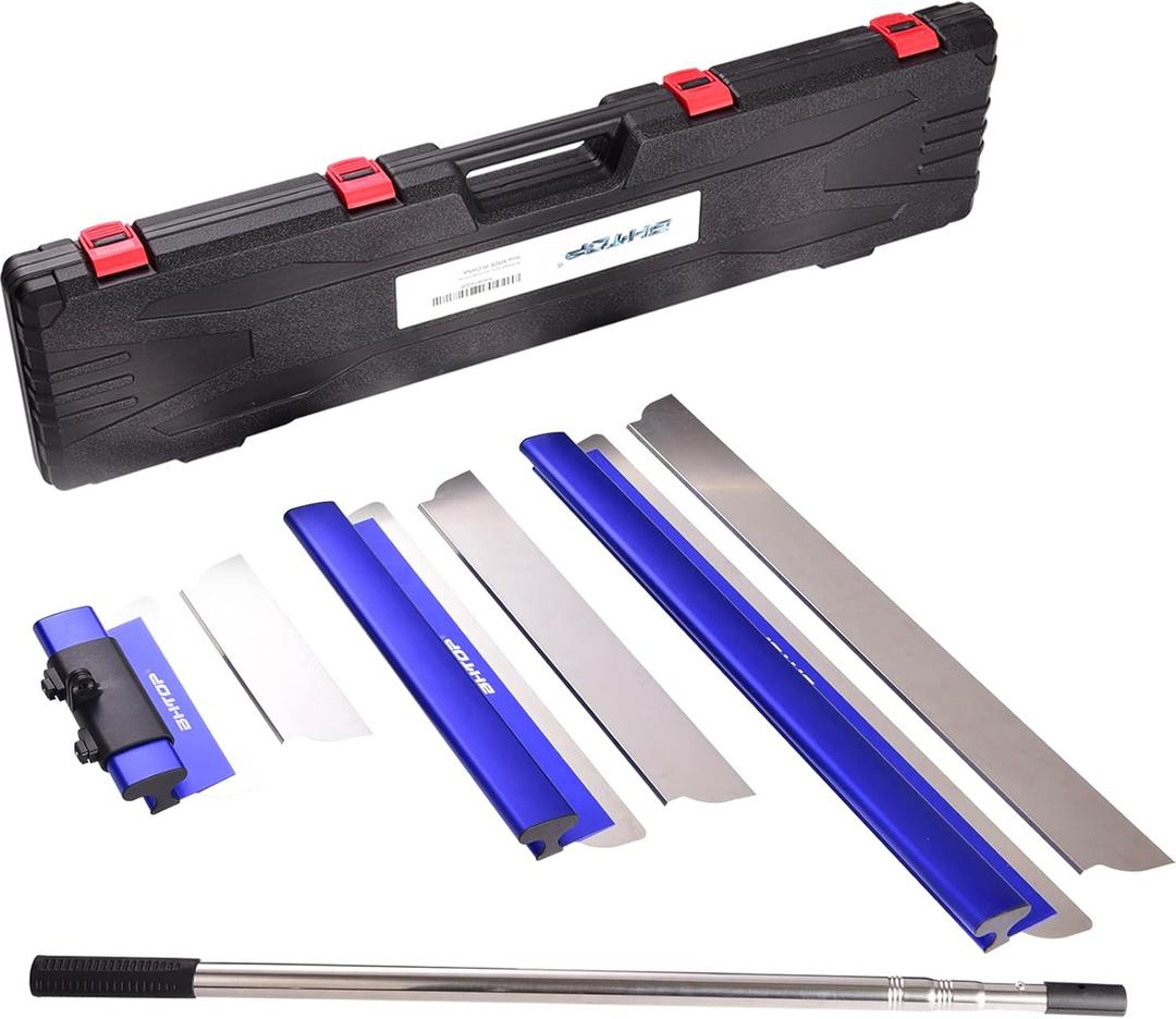 BHTOP Drywall Tools Skimming Blade with Extension Handle - 12", 20" & 32" Blades with 2 Pack 0.3 mm Blades, Construction Tools End Caps, Wall-Board with Outer Box in Blue (12", 20" & 32" With Handle)