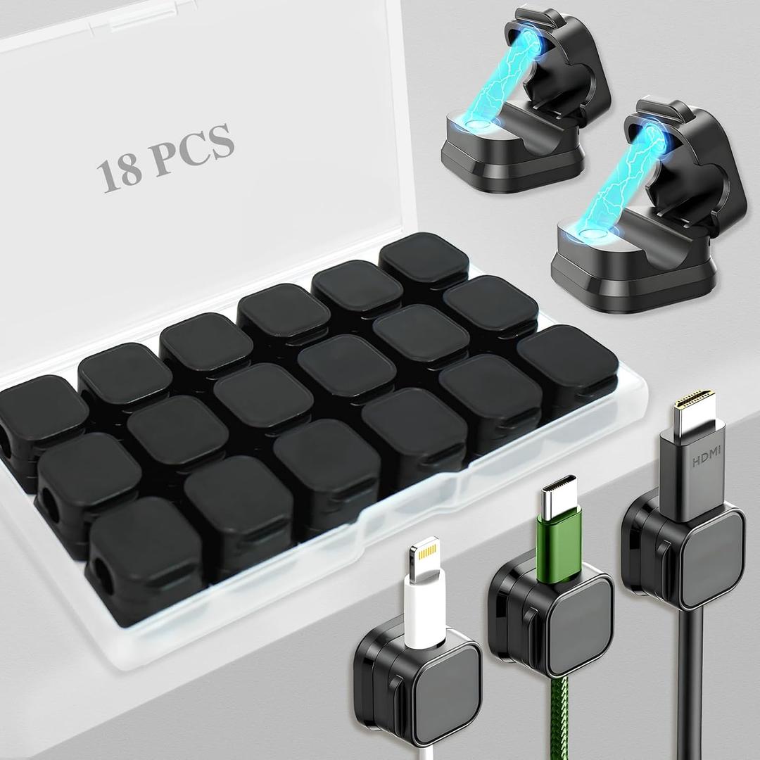 3 x 18 Pack Cord Organizer Holder,Magnetic Cable Clips Management, Easy Adhesive Phone USB Charger Cord Keeper, Hide Or Organize Desk Cable for Kitchen, Office, Car, Nightstand （Black）