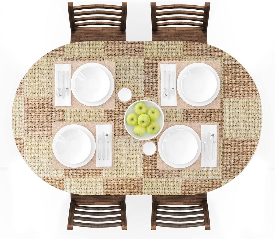 UMINEUX Oval Fitted Vinyl Tablecloth with Elastic Edged & Flannel Backing, Waterproof Wipeable Oval Table Cover - Fits Tables up to 42"X68" (Wicker)