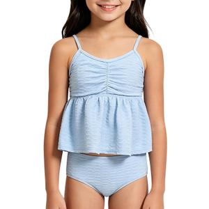 Girls High Waisted Ruffle Tankini A-Line Skirt Top Swimwear Quick-Dry Bathing Suits for Girl Solid Blue Size 10Y (Blue)