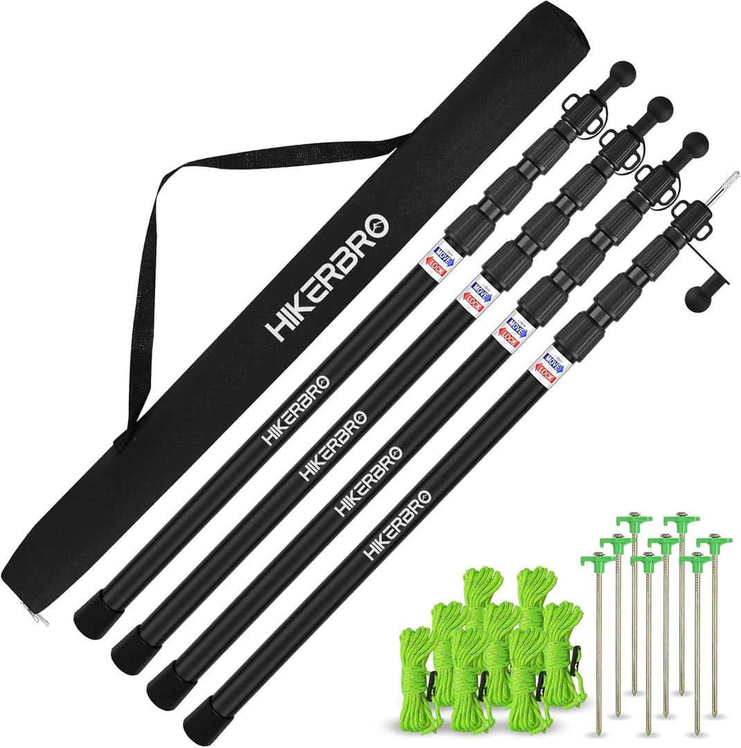 Tarp Poles, Telescoping Tent Pole Set of 4, 7.7ft Aluminum Lightweight Portable Support Rod with Protection Cap, for Camping, Awning, Sun Shades,Rain Fly, Free Guylines & Stakes (4 Poles)