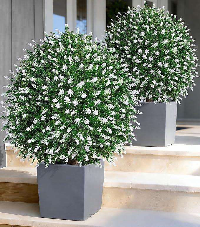 HyeFlora 26'' Artificial Boxwood Topiary Trees with Lavender 2 Pack Fake Plants for Outdoor Indoor Artificial Shrubs with Metal Ground Spike UV Resistant Fake Bushes for Front Porch Garden, White