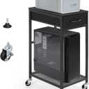 YBING PC Stand 2 Tier Computer Tower Stand with Drawer Mobile Computer Cart with Storage Metal CPU Holder on Wheels Pc Tower Stand Black Rolling Computer Tower Stand Floor for Office