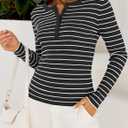 ZESICA Womens Long Sleeve Striped Shirts V Neck Button Up Sweater Casual Loose Basic Tops Trendy Spring Clothes (Black, M)