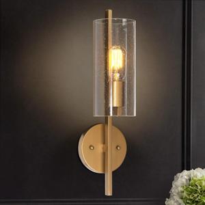 LALUZ Wall Sconce, Gold Bathroom Light Fixtures, Gold Vanity Light with Seedy Glass Shade for Bathroom, Hallway (17 H x 5 W)