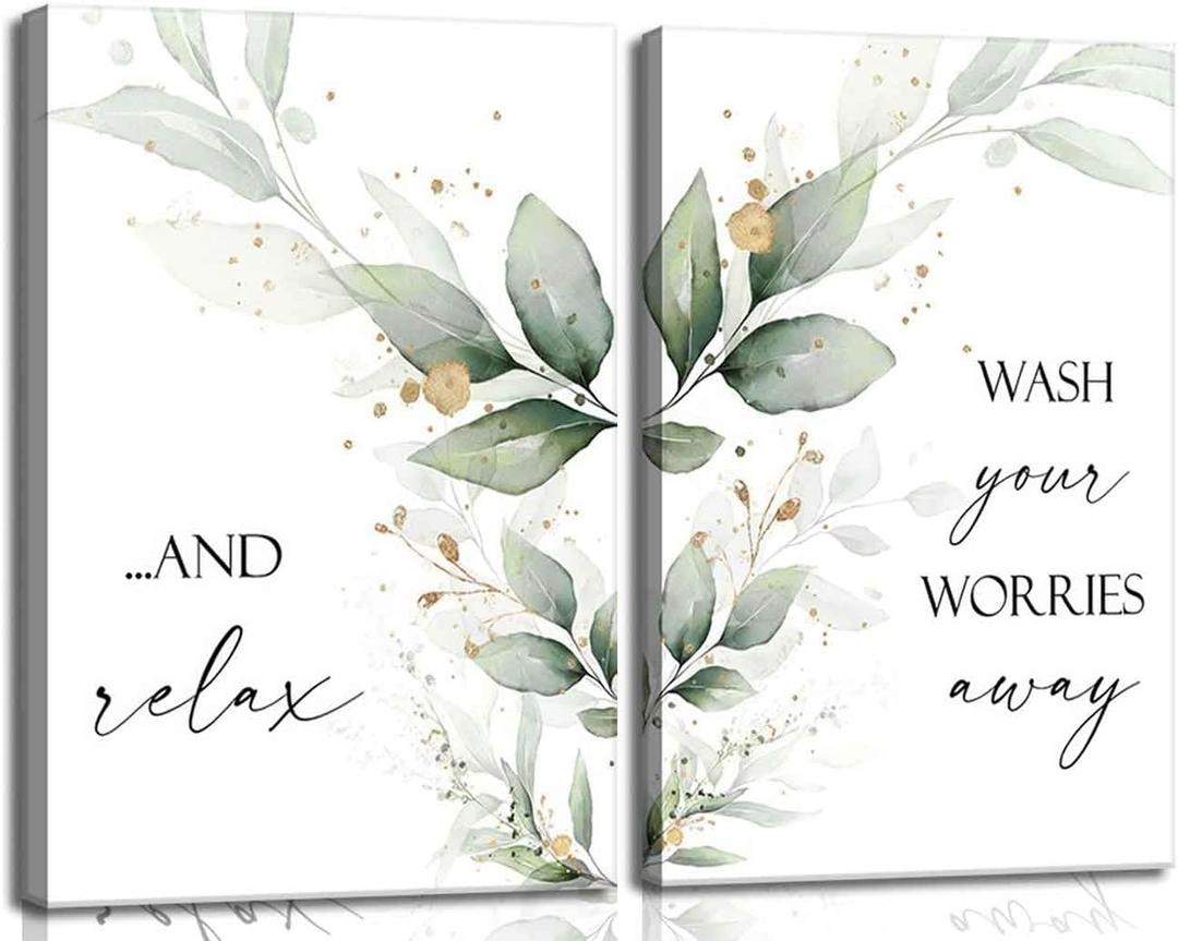 2Pcs Frame Green Eucalyptus Canvas Wall Art Botanical Leaf Pictures Wall Decor Soothing Relaxation Wash Away Worries Plants Paintings Bathroom Posters Prints for Toilet Laundry Clean Room Home Decoration 12x16in
