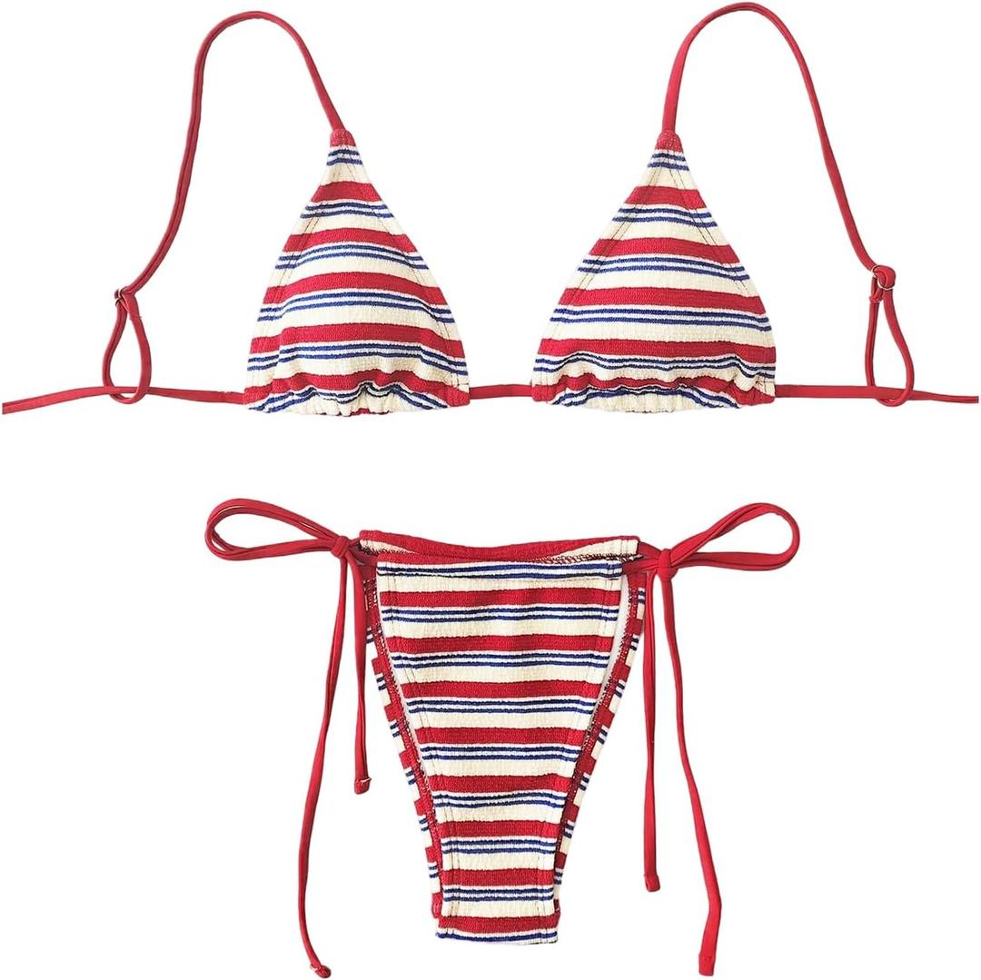 GORGLITTER Women's Triangle Bow Bikini Sets Striped High Waisted String Thong Swimsuit Summer Bathing Suit 2 Piece 2025 (Medium, Red and White)