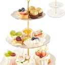 DUJUST Luxury Porcelain 3-Tier Cupcake Stand Tower, British Style Serving Tray with Golden Trim, Food Grade Dessert Display Stand, Beautiful Gift for Tea Party & Home Dcor (-Elegant White)