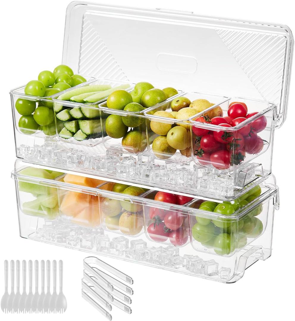 Ice Chilled Condiment Caddy,Stackable Chilled Condiment Containers,Serving Platters with Lid and 5 Removable Compartments,Set of 5 Serving Spoons & 2 Clips (2pack)