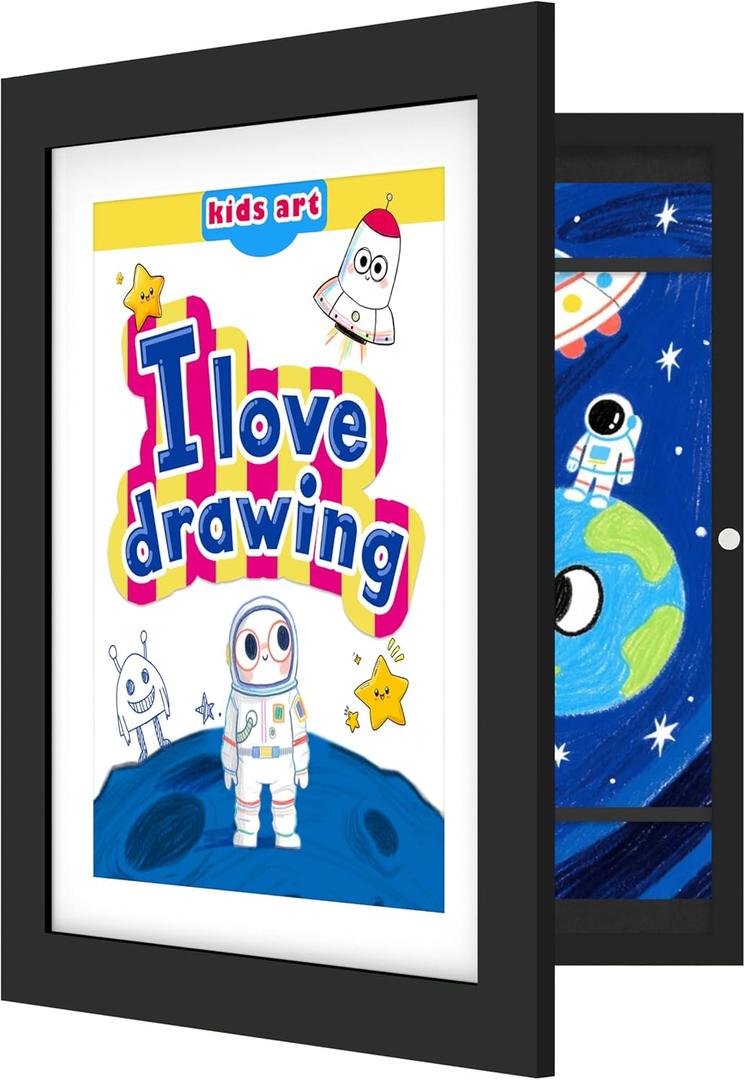 FrameWorks 10" x 12.5" Black Wooden Kids Art Frame with Magnetic Door  Display for 3D Artwork, Photos, Crafts  Gallery Style Edges Wall Decor for Home, Playroom, Easy Access Frame for Creativity