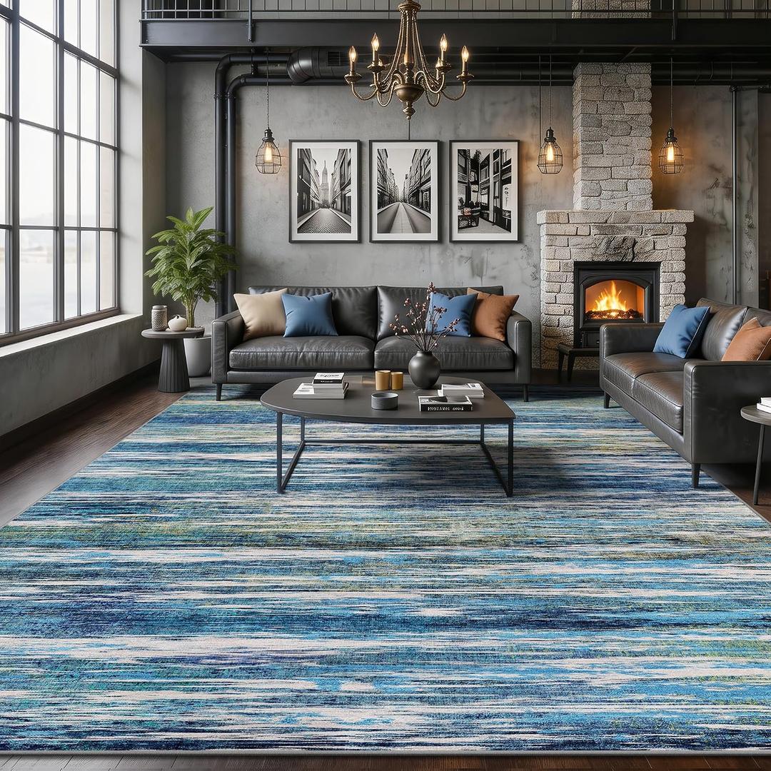 8x10 Rugs for Living Room - Modern Abstract Washable Rug, Ultra Soft Non Slip Low Pile Contemporary Large Rugs, Floor Carpet for Bedroom Dining Room Office Laundry Nursery Home (Teal Blue)