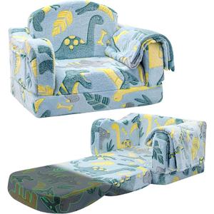 Airpanda Comfy Toddler Chair and Couch for Kids with Blanket,2-in-1 Soft Plush Fold Out Toddler Couch for Girls and Boys,Convertible Sofa to Lounger for Playroom,Glowing Dinosaur (Green)