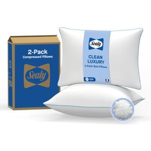 SEALY Clean Luxury Bed Pillow, Soft, Breathable, 100% Cotton Cover, Hypoallergenic EverFluff Fiberfill, Antimicrobial, Temperature Balancing, Machine Washable, King, White -2 Pack