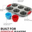 Boxiki Kitchen Non-Stick Steel 6 Cup Muffin Pan with Silicone Handles and Reusable Liners - Perfect for Baking Large Muffins and Cupcakes