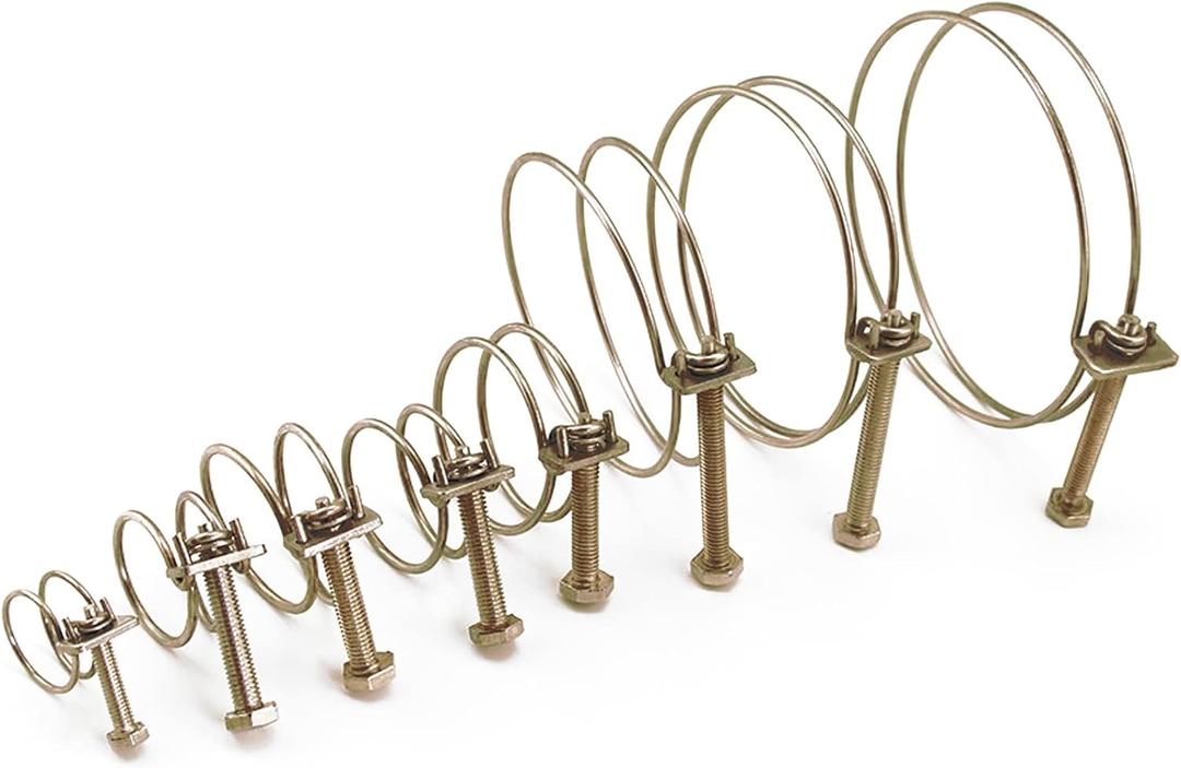 65Pcs Adjustable Steel Double Wire Tube Hose Clamp Assortment Kit, Bumnay 8 Sizes Steel Wire Tube Clip Clamps with Screws Bolts Locking