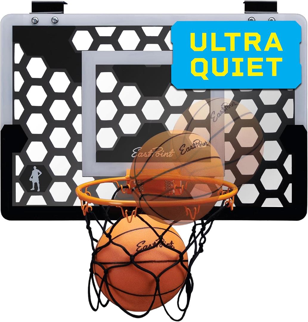 EastPoint Over-the-Door Indoor Basketball Hoop Set - Black 18 x 12 in Backboard - Quiet Foam Ball for Indoor Basketball Game - Easy No-Drill Setup for Over-the-Door Goal - Compact Mini Hoop for Rooms