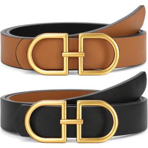 IAKING Reversible Leather Belt for Women With Gold Buckle Ladies Two-in-One Leather Womens Belt for Jeans Pants Dresses (S: Fit Waist Size 25-30 Inches)