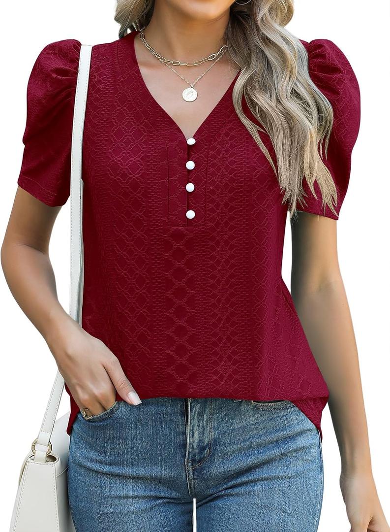 LOMON Womens Puff Short Sleeve Shirt Summer Tops V Neck Casual T Shirts Loose Fit Blouses (Red, S)