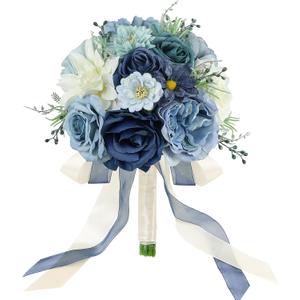 Wedding Bouquets for Bride Bridesmaid 8.5 Inch Dusty Blue Artificial Roses Flowers Bridal Bouquets for Bride Wedding Marriage Proposal Party Church Decoration