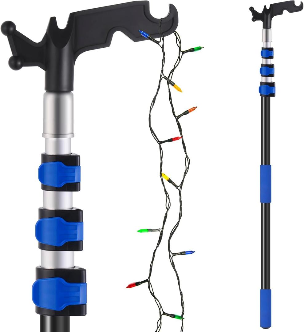 Ladderless Telescopic Poles for Hanging Christmas Lights, 3.8-12 FT Long Extension Pole with Utility Hook, Outdoor String Light Installation Tool, Extend a Reach Rod Kit