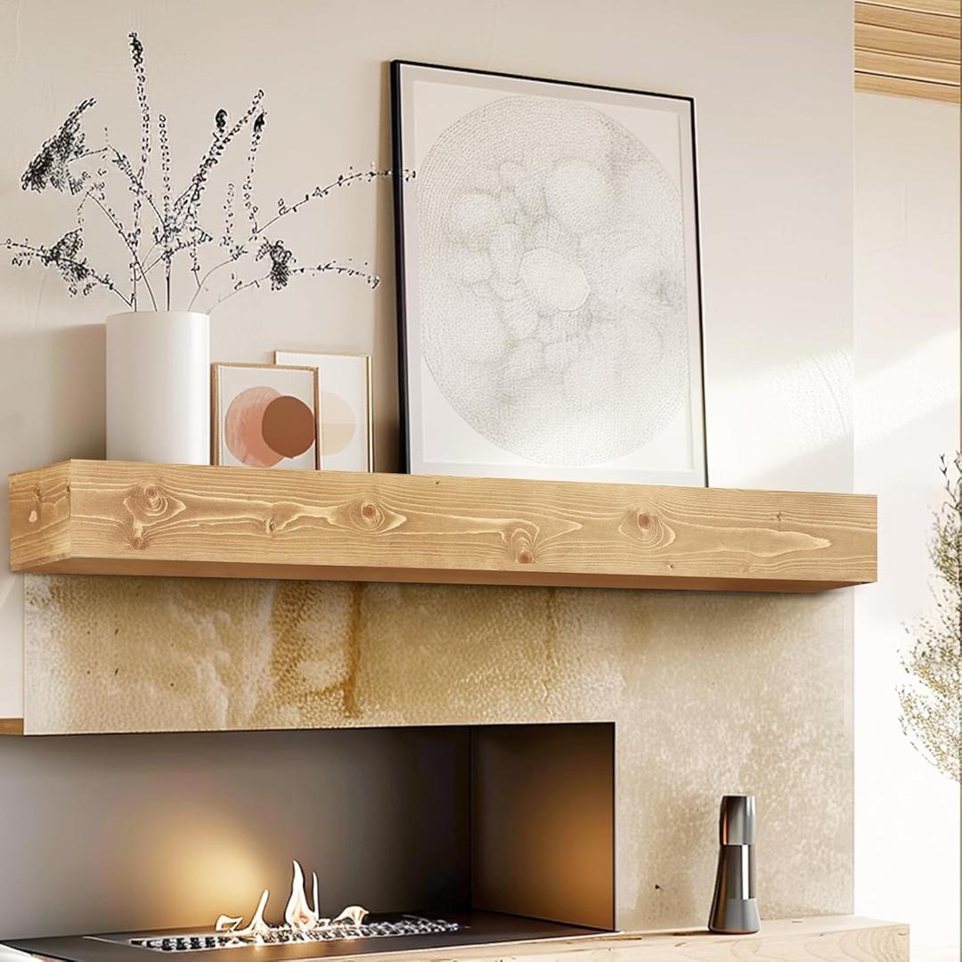 48" Fireplace Mantel, 5'' Thick Handmade Hollow Solid Wood Wall Long Floating Shelf with Invisible Wood Brackets, Wood Color