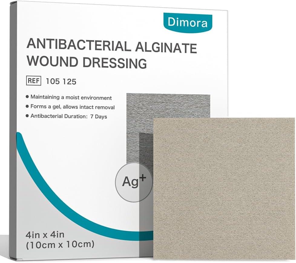 Dimora Upgrade Silver Calcium Alginate Wound Dressing -Antibacterial Non Stick Gauze, Highly Absorbent Sterile Bandage Pads,4'' x 4'' Patches 5 Packs