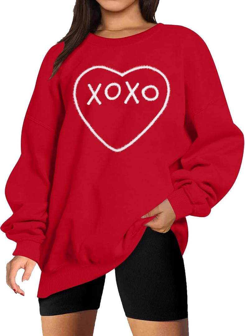 MYHALF Valentines Day Sweatshirts Valentine Shirts: Womens Love Heart Long Sleeve Tops Oversized Patch Crewneck Pullover (Red, S)