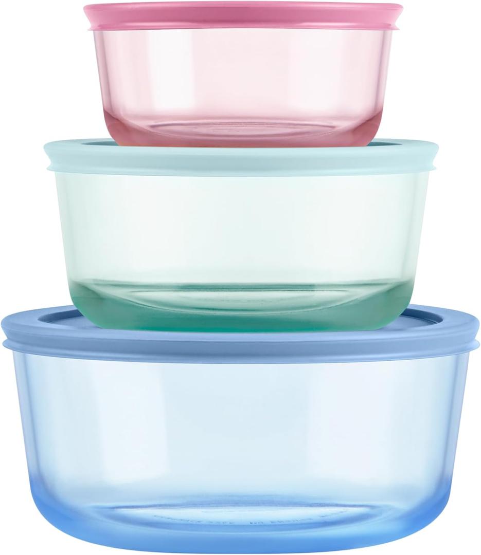Pyrex Colors (3-Pack, Medium) Tinted Glass Round Food Storage Container Set, Snug Fit Non-Toxic Plastic BPA-Free Lids, Freezer Dishwasher Microwave Safe, 2 Cup, 4 Cup & 7 Cup (Pink, Aqua, Blue)