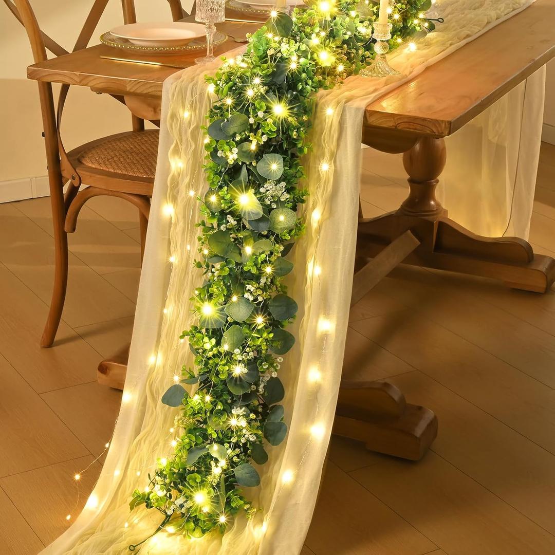 2Pcs Eucalyptus Garland with Lights, Greenery Garland, Green Garland with Flowers, 5.9FT Artificial Faux Eucalyptus Leaves Vines for Table Mantle Home Wedding Party Indoor Outdoor Decor