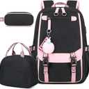 Bevalsa School Backpack for Girls, Backpack with Lunch Box & Pen Case, Bookbag for Girls Kids Elementary Middle High School Student 21L Children Schoolbag (Pink Black)