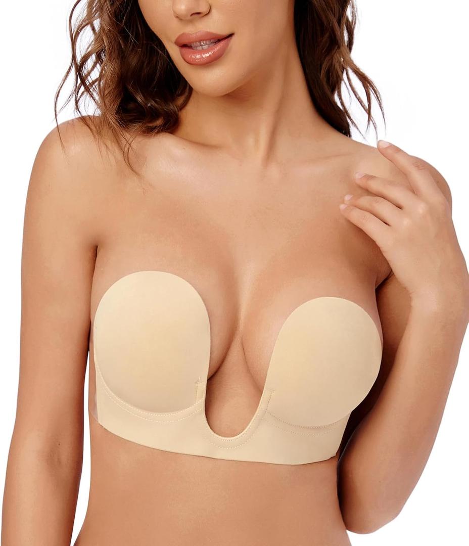Wekofi Women's Plunge Backless Strapless Bra Push Up Adhesive Sticky Invisible Padded Underwire Bra(D,Sand)