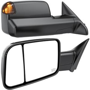 Smoked Power Heated Tow Mirrors Compatible with 2009-2018 Dodge Ram 1500, 2010-2018 2500 3500, 2019-2024 Ram 1500 Classic Flip Up Extended Trailer Towing Side Mirrors with Puddle Light, Black Housing