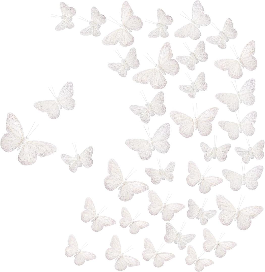 Chuangdi Feather Butterfly Decorations 36 Pcs White 3size Monarch Wall & Party Decor for Wedding, DIY Crafts Lightweight Artificial Feather Butterflies for Home Indoor Outdoor