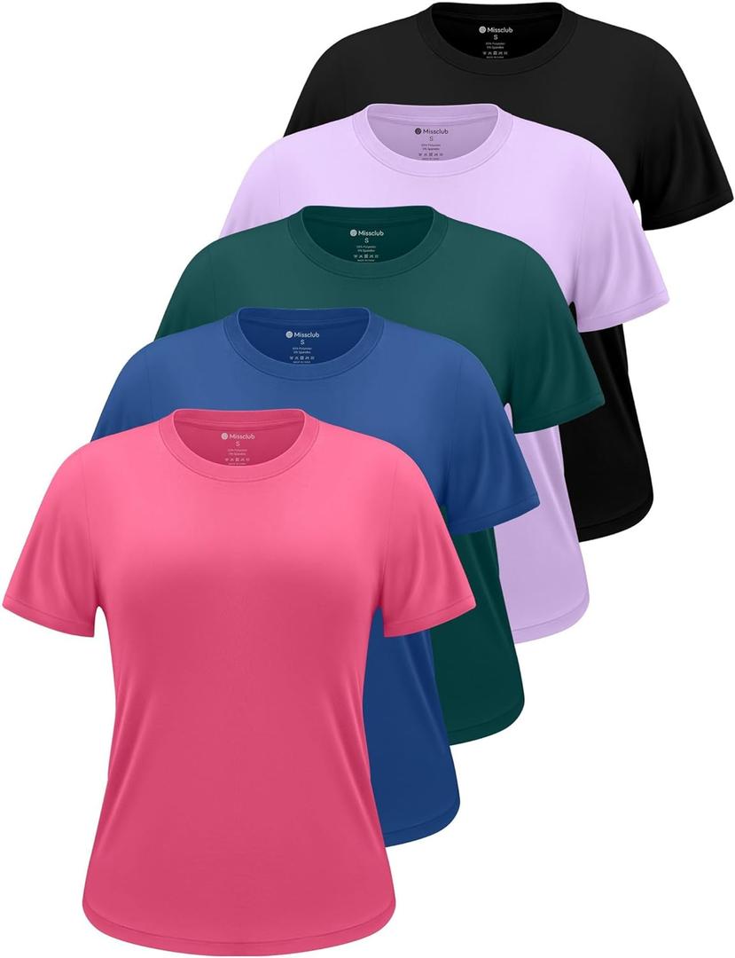 5 Pack Workout Tops for Women Crew Neck Dry Fit Short Sleeve Athletic T-Shirts for Gym Pilates Yoga Fitness Wear, Medium