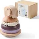 Baby Stacking Rings Toy, Wooden Elephant Stacker with Soft Silicone Teether, Montessori Educational Toy for Infants & Toddlers, Early Learning Gift