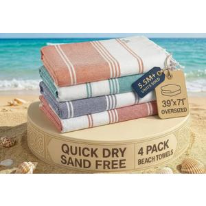 4 x LANE LINEN 4 Pack Beach Towels – Oversized, Pre-Washed, Quick Dry, Sandproof, Lightweight & Absorbent Travel Towels – Extra Large Pool/Bath Towel – Multi
