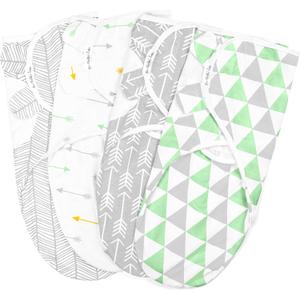 BaeBae Goods Swaddle Blanket, Adjustable Infant Baby Swaddling Wrap Set of 4, Baby Swaddling Wrap Blankets for Boys and Girls Made in Soft Cotton (0-3 Months, Green/Grey Triangles) (4 Count (Pack of 1)