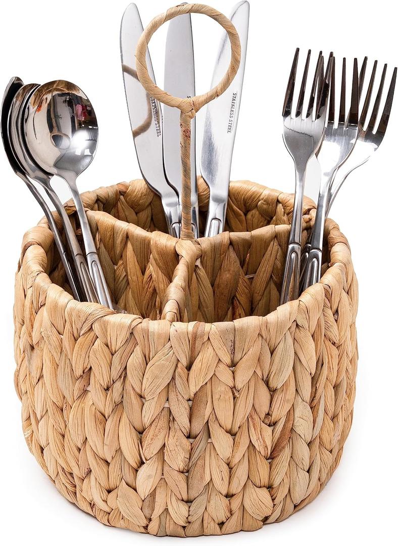 KOLWOVEN Wicker Flatware Organizer, Kitchen Utensil Holder for Countertop, Silverware Caddy Natural Woven Flatware Caddy with 3 Compartments, Cooking Utensil Organizer