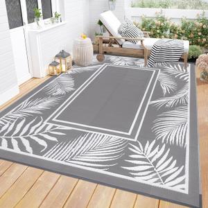 HappyTrends Outdoor Rug Reversible Portable Plastic Straw Camping Rugs for Outside RV,Large Waterproof Outdoor Area Rugs for Patio,Deck,Porch,Balcony(5'x 8',White&Gray)