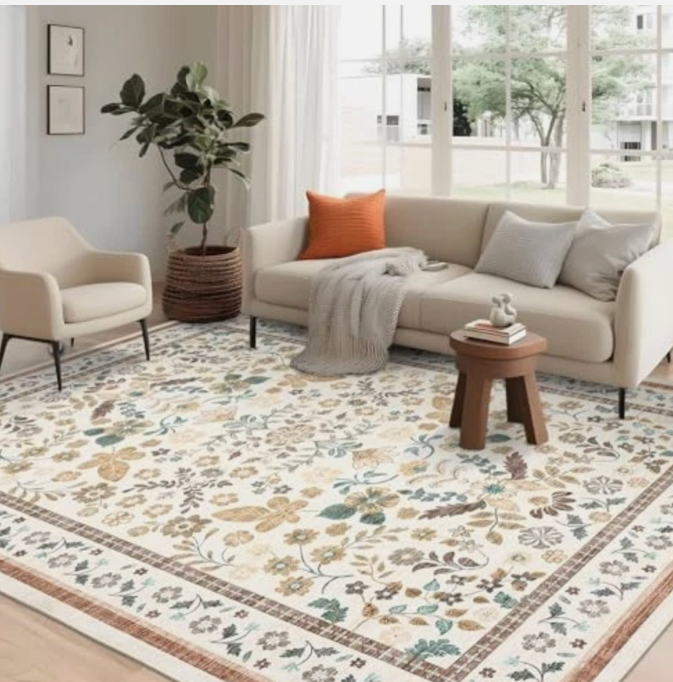 GarveeHome 9x12 Washable Area Rug for Living Room Modern Floral Beige Carpet Non-Slip Low Pile Contemporary Leaf Flower Botanical Rug Easy-Clean Pastoral Area Rug for Dining Bedroom Nursery