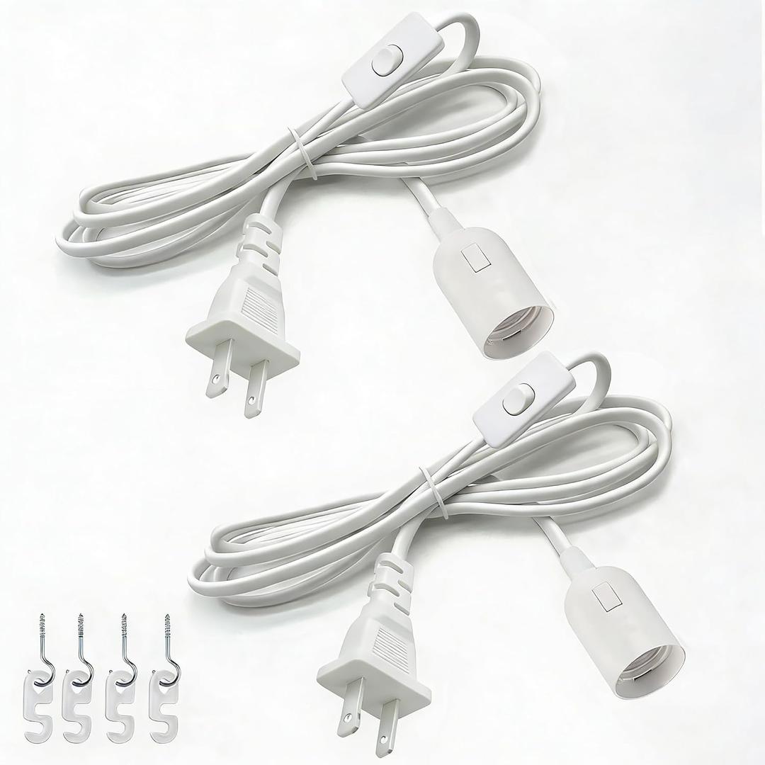 Light Bulb Socket with Cord - 8.2Ft Extension Hanging Lantern Cord E26/E27 Pendant Lamp Socket with Switch, White, 2 Pack