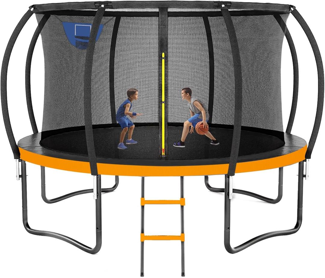 Trampoline 8FT 10FT 12FT 14FT 16FT, Outdoor Trampolines for Kids and Adults, Recreational Trampoline with Enclosure Net & Ladder, Round Trampolines ASTM Approved (Orange + Basketball Hoop)