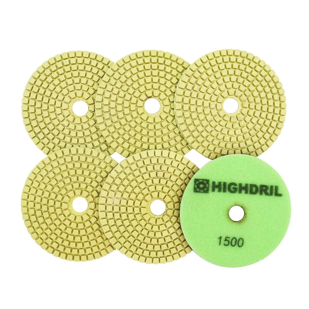 Wet Diamond Polishing Pads - HIGHDRIL 6pcs 4 inch #1500,for Granite Marble Ceramic Artificial Stone Sanding Used on Grinder or Polisher