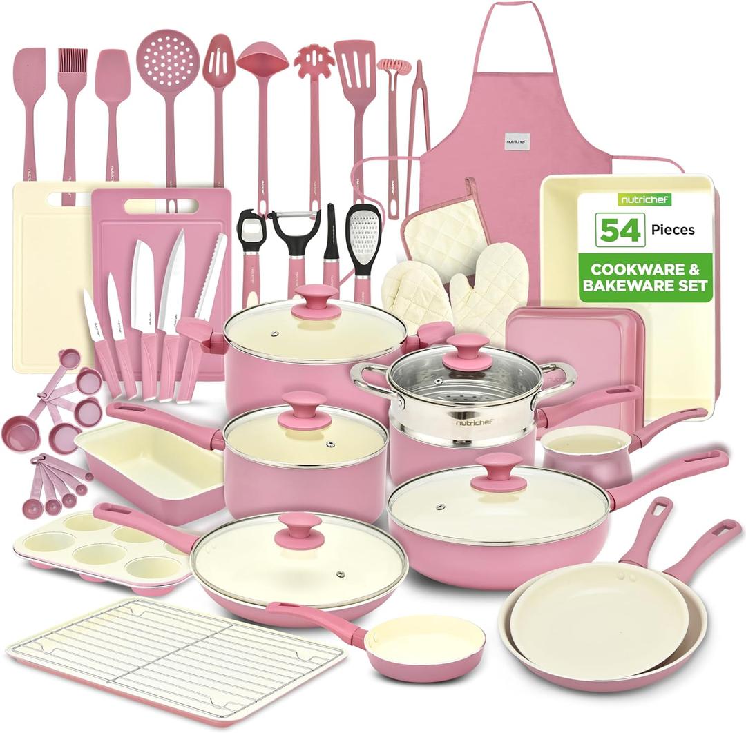 NutriChef 54-Piece Kitchen Cookware Set  Complete Non-Stick Ceramic Pots and Pans Set with Utensils, Bakeware, and Knife Set, Gas, Electric & Induction Compatible, Blush Pink Kitchen Essentials