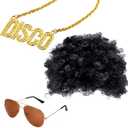 Hippie Disco Costume Set Afro Wig Sunglasses Necklace Punk Gold Chain Men Halloween 70s80s Cosplay Accessories(Black)